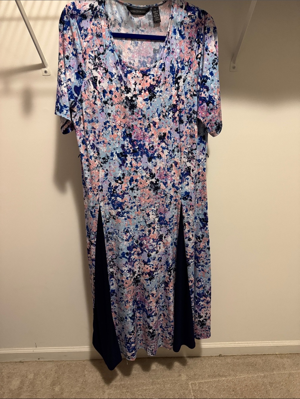 Nina Leonard Pink, Blue & Navy Abstract Floral Midi Dress